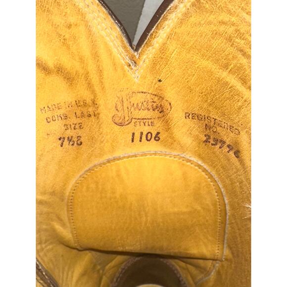 Justin Cowboy Western Boots Style 1106 Camel Tan Leather Men's Size 7.5 E Used - Picture 7 of 9